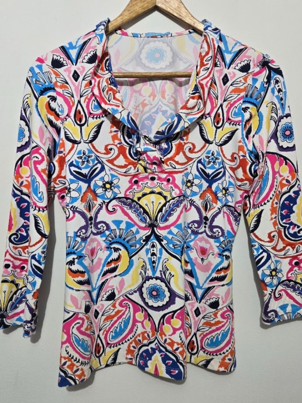J McLaughlin Colorful Catalina Cloth Durham Top Size S Ruffle Collar 3/4 Sleeves
